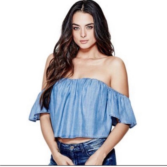 Guess Denim Off-The-Shoulder Corset Crop Top Sz: XS - Picture 5 of 16